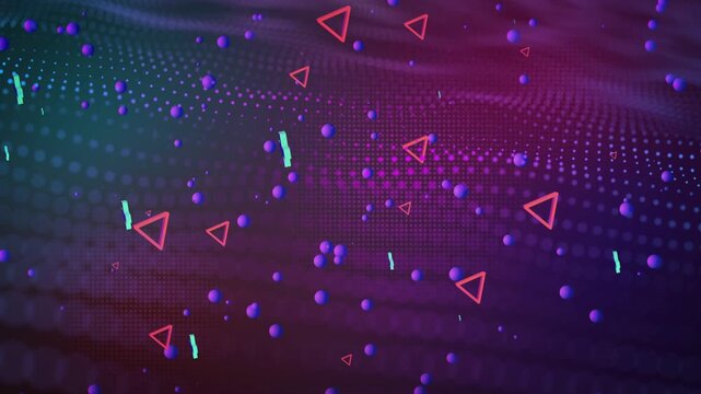 Pulse sparking dotted mesh rippling, lifting spheres, drifting triangles, forming abstract loop