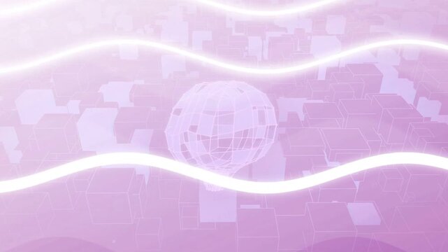 On tap, wire globe rotating, bobbing; neon waves waving, tiles shifting, light pulsing for loop