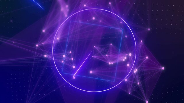 Neon beam starting lower-left drawing circle triangle square around purple nodes showing links