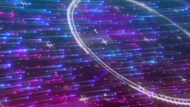 Frame starting, neon field shifting, rings rotating, streaks gliding, bars sweeping, forming grid