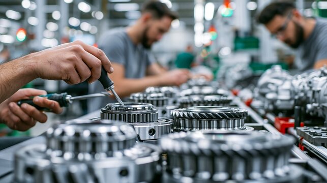 Medium shot of skilled technicians assembling manual transmission gear sets and synchronizers on workbenches with precise hand tools in a bright industrial workshop environment.