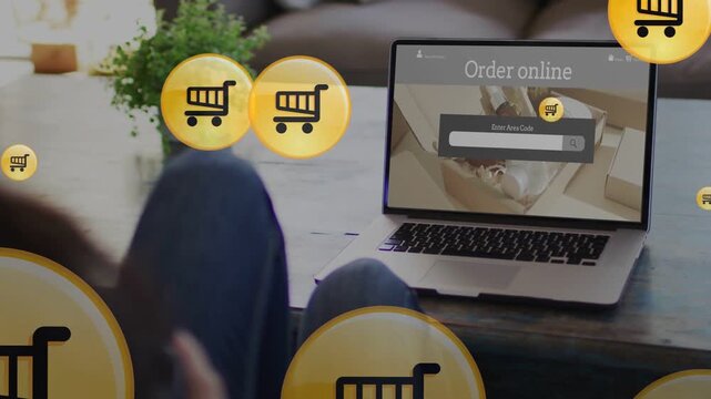 Woman typing on laptop, sending carts popping, occluding screen, dispersing back for online orders