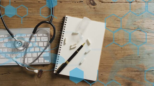 On start blue hex overlay shifting right while notebook, pen, spilled pills staying focal for meds