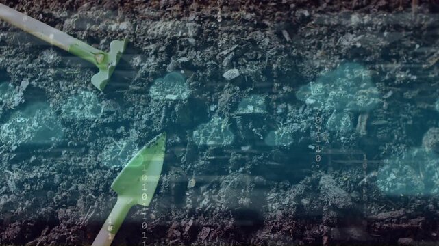 Blue band rising, bubbles drifting and numbers sliding, tools resting, overlay scanning soil data