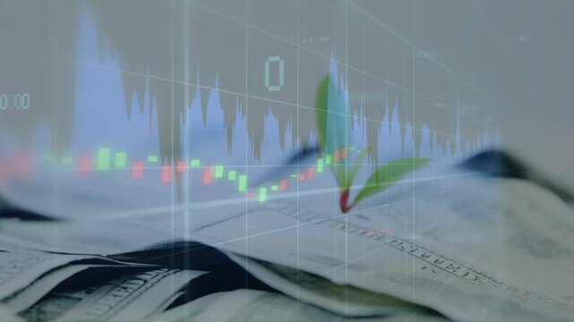 Overlay intensifying, candles sliding with wave rising behind green sprout on bills, showing growth