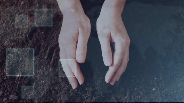 Hands entering top, hovering above soil lowering palms scooping forming ball with AR grids for demo