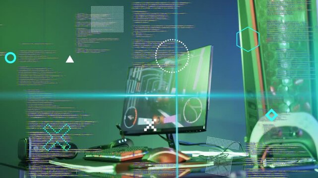 PC desk staying static after frame1 overlays sliding beam sweeping HUD floating forming gaming mood