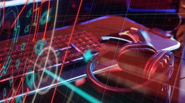 On startup neon HUD overlays sweeping across keyboard, mouse, headphones, revealing RGB glow
