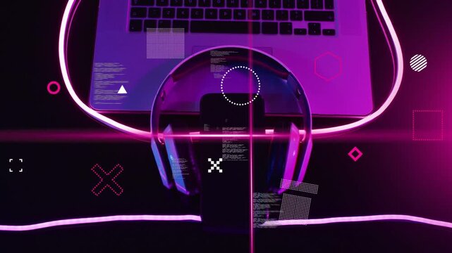 Neon loop glowing, overlays appearing and scanning across center headphones, visualizing audio data