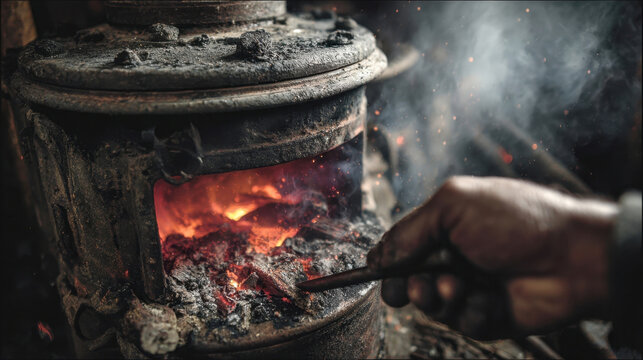 Close-up of an old industrial antique cast iron melting furnace stove with glowing hot red burning fire coals and sparks as a worker hand uses a metal poker tool in a dark blacksmith workshop