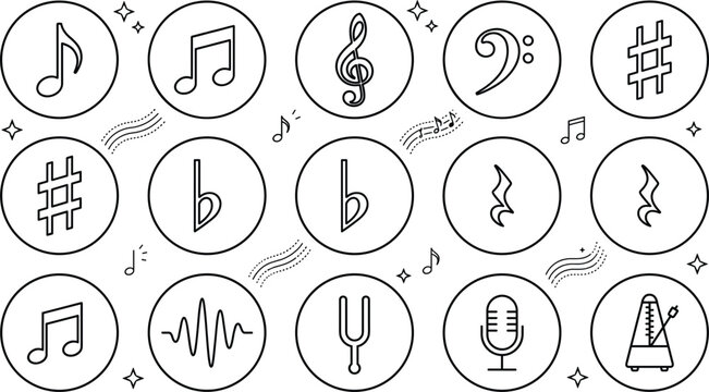 Musical notes sheet notation symbols linear round icon set vector illustration with clef microphone tuning fork and metronome