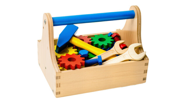 Wooden toolbox with colorful toy tools and gears