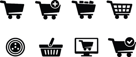 Shopping cart icons set with add, full, empty, and check symbols for online store and checkout Vector © MstSabrina