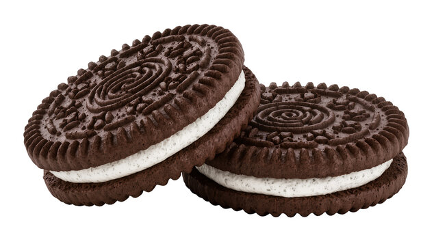 Two chocolate sandwich cookies with cream filling