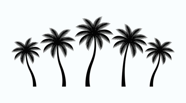 Black palm tree silhouettes arranged in a curved line against a plain white background, symbolizing tropical destinations and summer vacations