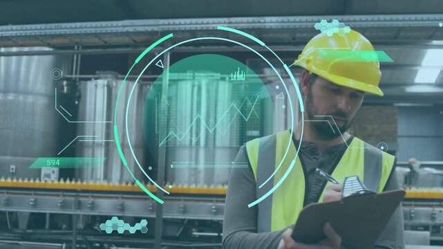 Factory inspector scanning control panel and recording data on clipboard, teal AR HUD overlaying