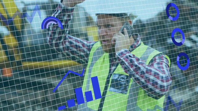 Construction foreman taking call and directing excavator, HUD charts and gauges aligning over him