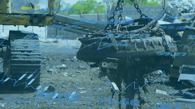 Excavator lowering magnet down, touching scrap, lifting clumps while blue overlay showing load