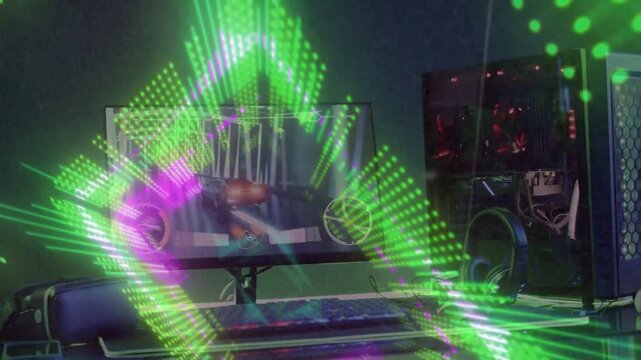 Music pulse initiating monitor visualizer, green rays rotating and masking dash, visualizing sound