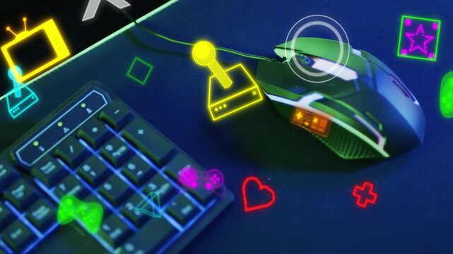 On startup neon overlays animating over wired gaming mouse and keyboard, showcasing RGB features