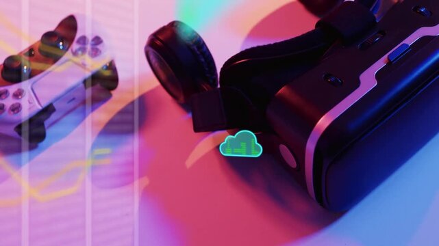 Neon cloud icons appearing on frame 3 at VR headset strap, pulsing, moving, showing cloud sync