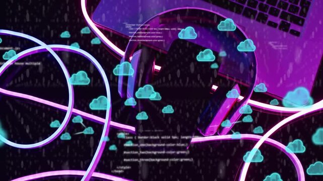 Small cyan clouds appearing and growing over headphones while code scrolling and showing overlay