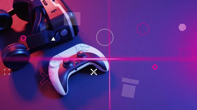 Pad and VR headset staying, magenta beam sweeping left, crosshair forming, HUD pulsing for demo