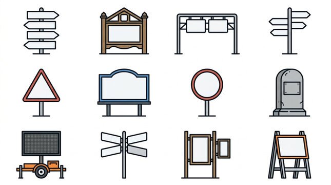 Collection of various signs and billboards for information and direction.