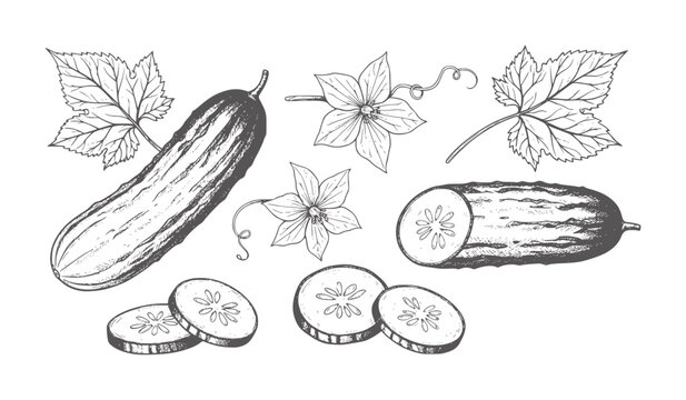 Hand drawn of whole and sliced cucumbers with leaves and flowers food vegetable healthy