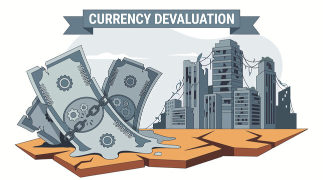 Illustration of currency devaluation with banknotes and cityscape in a flat, graphic style on a cracked orange surface.