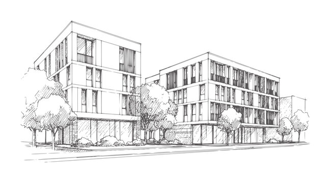 Hand drawn of modern apartment buildings with trees and glass storefronts architecture