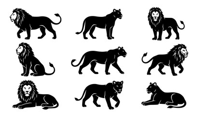 Elegant black lion full body vector pack with minimalist safari animal silhouettes © AKTARUL ISLAM