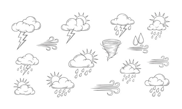 Hand drawn weather depicting rain lightning wind and tornado