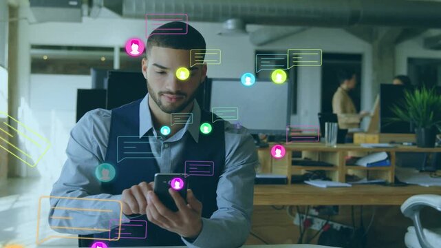 Office professional tapping phone and handling business messages as chat icons appear and multiply