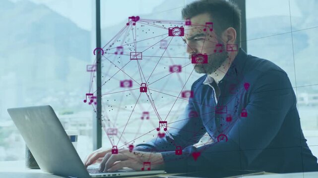 Tech worker typing laptop at window, initiating icon network over screen for work, shifting to pen