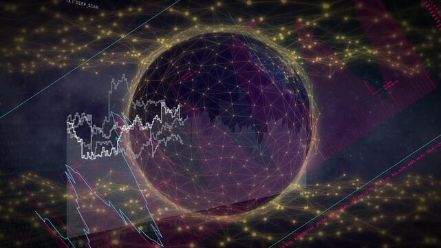 Jagged outline appearing left globe drawing triangle wave growing cyan magenta charts rising growth