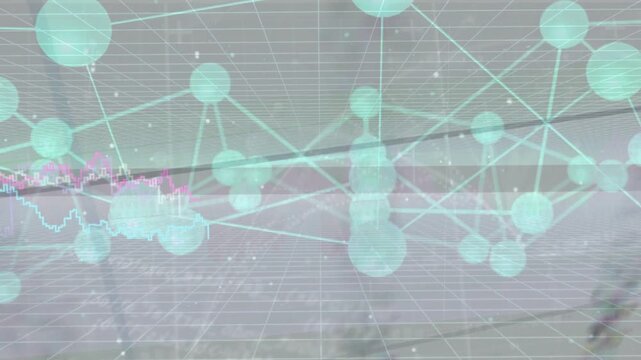Mint network appearing early, nodes shifting, pink-blue graphs tracing midline, revealing depth