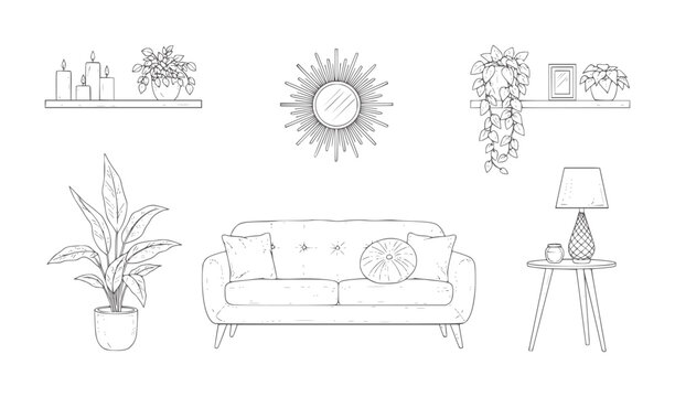 Line of a living room with sofa plants and decor