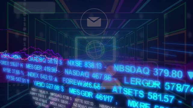 Blue ticker emerging sparking data stream scrolling neon grid, charts rising, showing stock flow