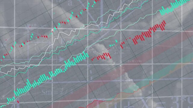 Teal trace rising from lower-left starting charts drawing lines and bars, showing upward trend