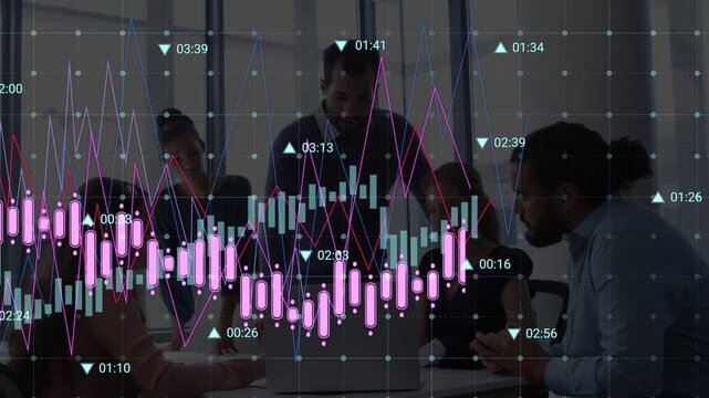 Leader pointing toward laptop as feed starts, reviewing finance candlestick charts overlaying group