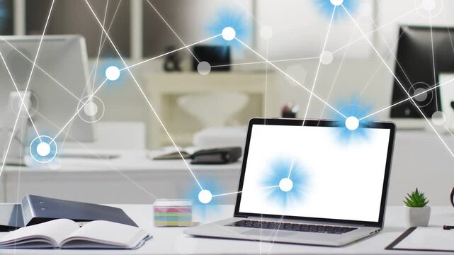Incoming data starting network overlay nodes pulsing anchoring onto laptop screen showing network