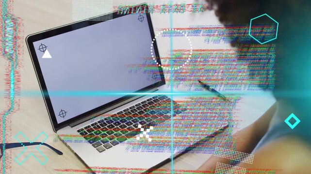 Woman at laptop leaning in as tech HUD overlays glitch, reading scrambled code to clarify