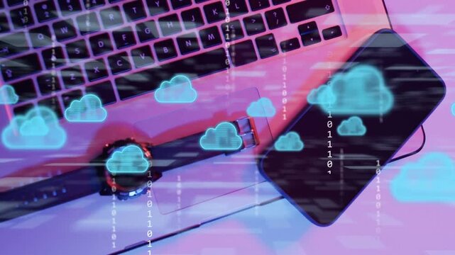 Blue clouds appearing and scanlines moving over laptop, watch, phone, representing cloud sync