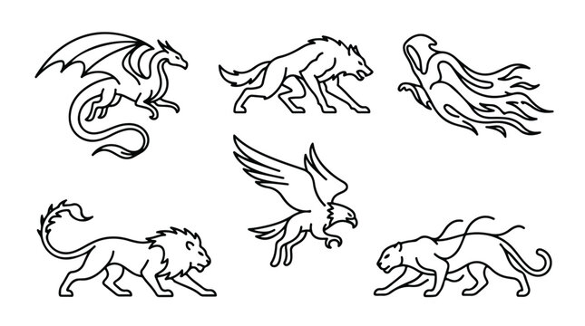 Mythical creatures line art icons, fantasy monsters and legendary beast vector set, 6 black outline animal mascots for gaming logos