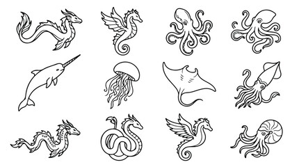 Mythical sea creatures line art icons, set of 12 nautical monster and ocean animal vectors, black and white marine life illustrations for coloring © Sidra