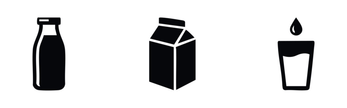 Milk Bottle Carton and Glass Silhouette Icons