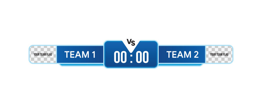 Modern sports scoreboard template showing two teams, versus icon, and digital timer with flag placeholders.