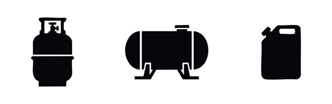 Gas cylinder, storage tank, and fuel can vector icons set. Energy storage and petroleum containers.