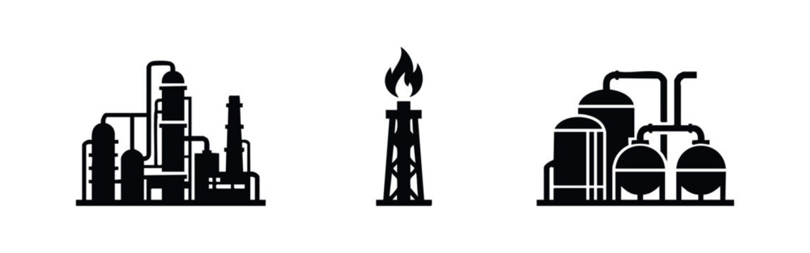 Oil refinery, flare stack, and industrial plant vector icons set. Petroleum and chemical processing symbols.
